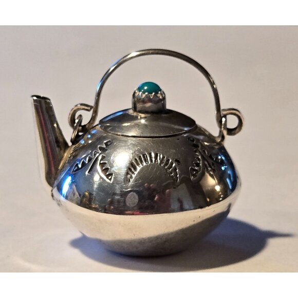 Navajo Sterling miniature Teapot Kettle Turquoise Elizabeth Margaret Whitman EMW - Picture 1 of 8